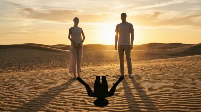 Mannequins standing in desert landscape with surreal inverted shadow at sunset