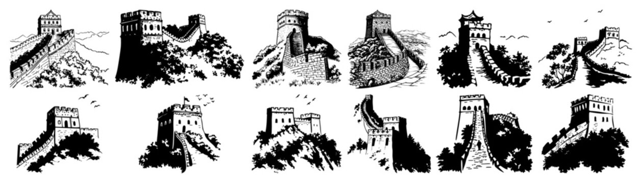 Great Wall of China landmark towers and mountain landscape in hand drawn ink sketch style