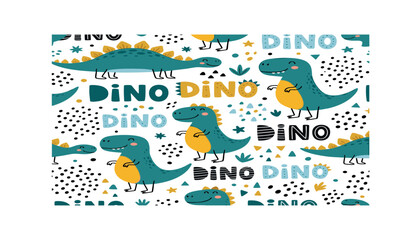 Cute dinosaur seamless pattern vector background with friendly cartoon tyrannosaurus rex stegosaurus and dino text for kids © Siraj