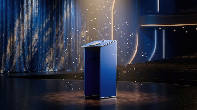 Modern blue podium with dramatic spotlight on stage. Sleek presentation stand illuminated under event lighting for corporate speeches and awards.
