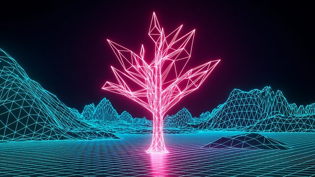 Vaporwave style neon pink low poly tree 