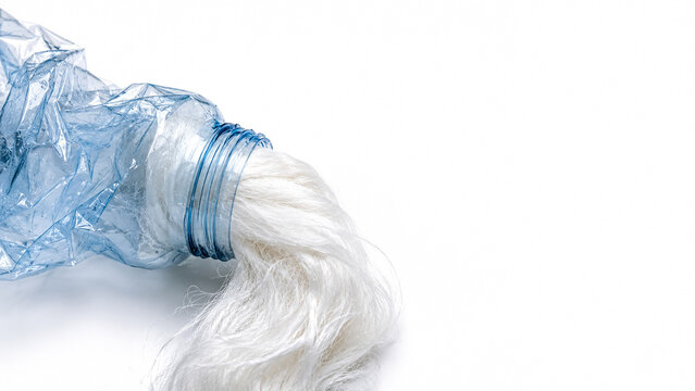 Recycled PET plastic bottle transforming into white polyester yarn fiber, circular economy sustainability concept, clean white background
