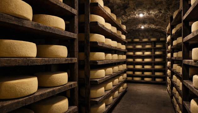 Cheese cellar with rows of wooden shelves stacked with round yellow cheese wheels aging in a dark stone room with dim lighting