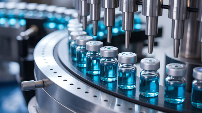 Automated pharmaceutical production line filling glass vials with blue liquid