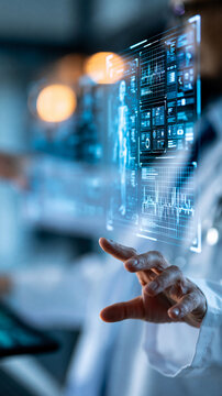 Faceless doctor interacting with an AI-powered medical data visualization system displaying patient diagnostics on a holographic screen, defocused clinical setting in background,