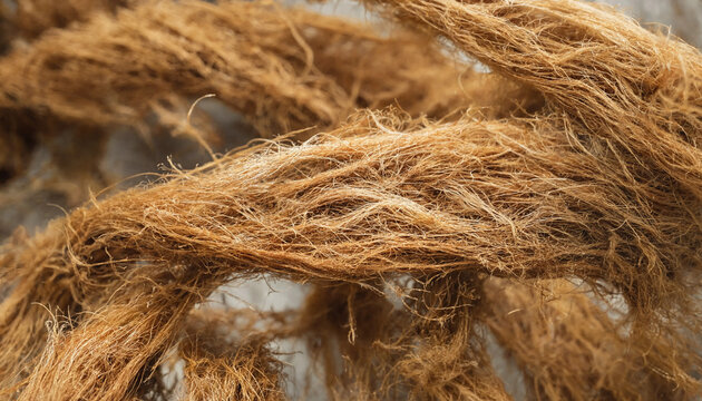 Extreme close up of coarse natural brown fibers twisted into a thick rope, showing detailed textures, loose strands, and organic earthy tones