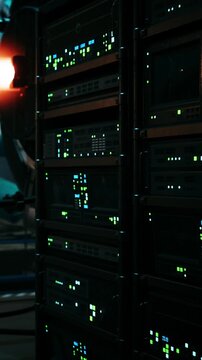 Multiple server racks are placed in a data center at night. The racks have green lights indicating activity. Other equipment is visible in the background, and the environment is dark.