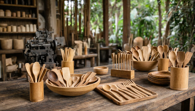 Assortment of handmade wooden kitchen utensils including spoons and spatulas displayed on a table in a woodworking workshop with tools in background