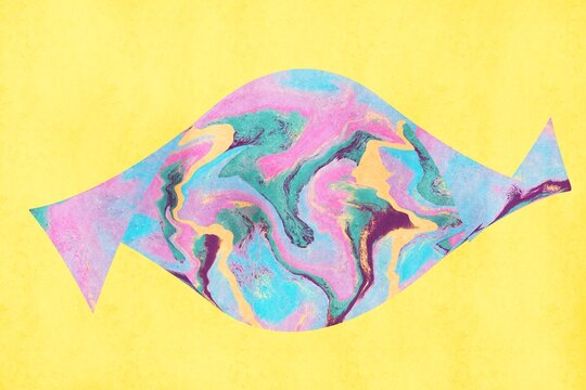 Modern abstract marbled fish illustration on yellow