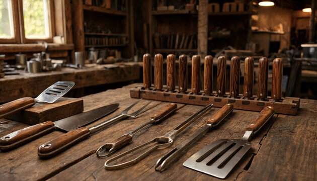Assorted stainless steel kitchen utensils with wooden handles arranged on a rustic workbench in a traditional carpentry workshop setting