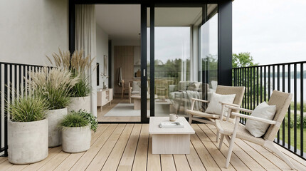 Fototapeta premium Modern minimalist balcony with wooden decking, outdoor furniture, and plants overlooking nature