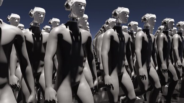 Endless 3d animation loop of humanoid cyborgs. Concept of total control, mass monitoring, privacy loss and futuristic corporate dictatorship.