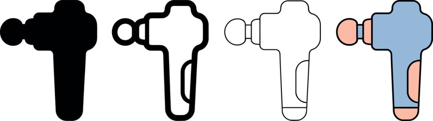 Set of percussive massage gun icons in various styles for therapy and fitness use. © Saqib