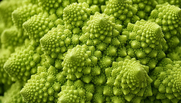 Close up macro shot of a vibrant green romanesco broccoli showing the intricate fractal patterns and spiral geometric structure