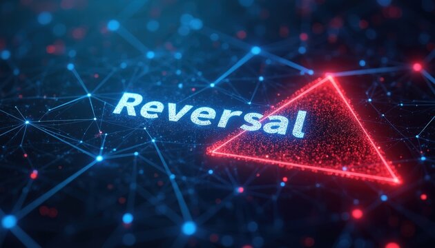 Digital network with blue and red lights. Text reads reversal. Abstract geometric shapes connect with lines. Futuristic concept visualization.