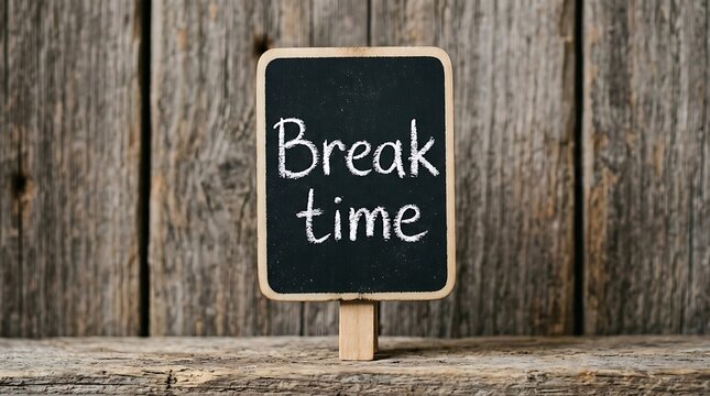 Small chalkboard sign displaying important break time message on rustic wooden background