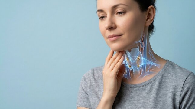 Woman touching her neck with a digital anatomical overlay of the thyroid and parathyroid glands for medical health concept