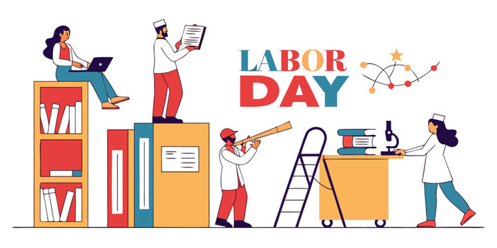 Labor Day celebration features diverse professionals working with books and scientific instruments to highlight the value of modern workforce contributions.