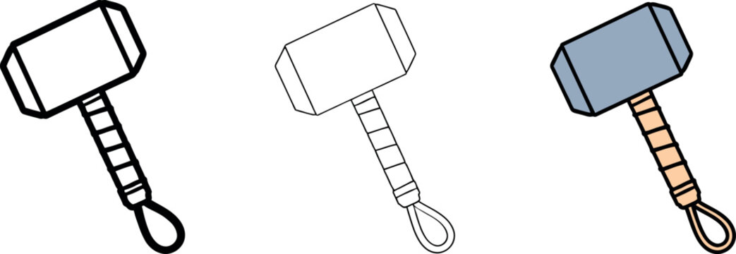 Minimalist sledge hammer vector set with thick line art thin outline and colored icon variations.