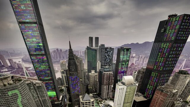 chongqing cyberpunk city with overlayed code and data on the buildings
