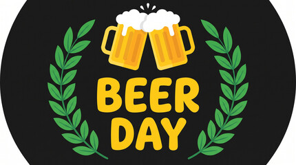 Naklejka premium Cartoon illustration of two clinking beer mugs with 'Beer Day' text and laurel wreaths on a dark background