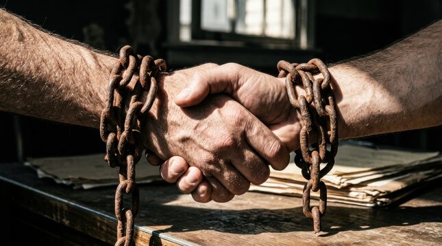 Two men shaking hands while bound in rusty iron chains at a desk
