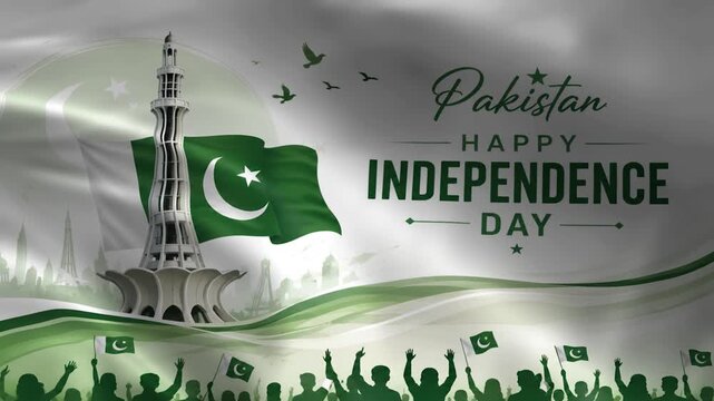 Pakistan Happy Independence Day celebration background, waving national flag with Minar-e-Pakistan monument, patriotic 14 August holiday greeting