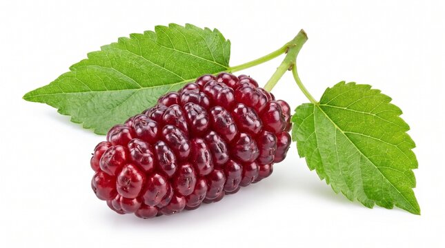 Mulberry fruit with textured drupelets on green leaves, minimalist composition highlighting ripeness, vitality, and natural identity.