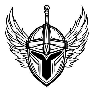Spartan warrior helmet with majestic wings and sword in black and white silhouette style