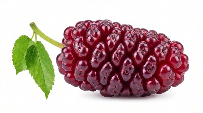 Mulberry fruit with textured drupelets on green leaves, minimalist composition highlighting ripeness, vitality, and natural identity.