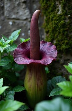 Exotic Amorphophallus konjac plant grows in a botanical garden. This unusual purple and green flower resembles a devils tongue with its unique shape and texture. It is a rare plant.