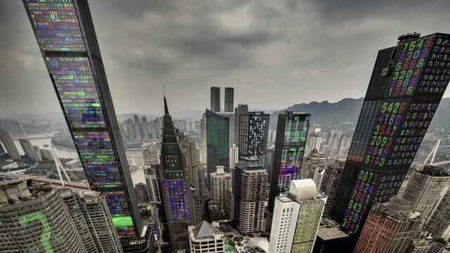 chongqing cyberpunk city with overlayed code and data on the buildings