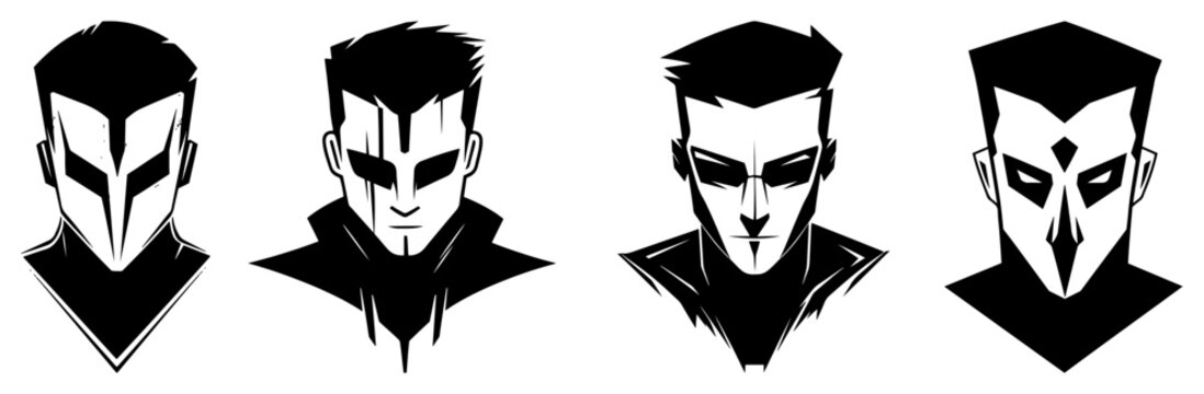Male character portraits with futuristic goggles and mask features in graphic style