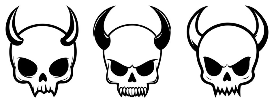 Devil horn skull icons in bold black style
