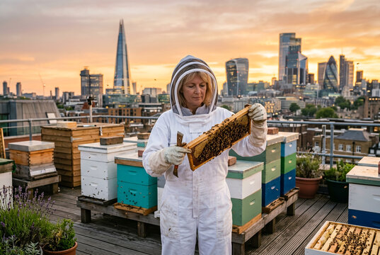 Beekeeper in protective suit examining a bee-covered honeycomb frame on a rooftop with colorful beehives. Urban skyline and warm sunset light highlight sustainable city beekeeping 