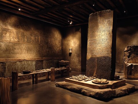 Ancient Mesopotamian Law Chamber Featuring Hammurabi Justice Stele Architectural Interior Display