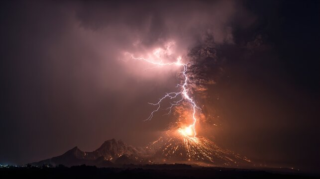 Volcano eruption at night with bright lightning strikes.