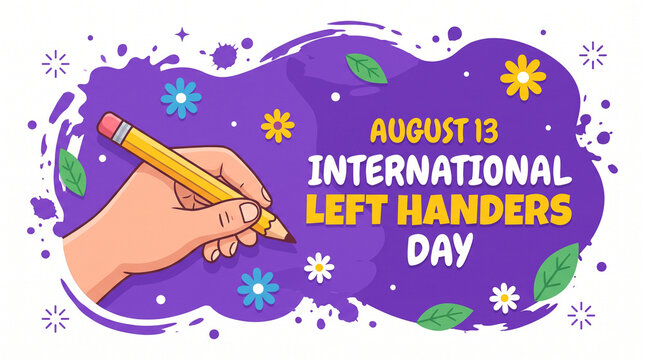 Cartoon illustration of a left hand writing with a pencil on a purple background for International Left Handers Day