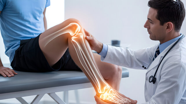 Doctor examining a patients knee and ankle injury in a medical clinic