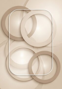 Abstract beige background features layered circles and a centered rounded rectangle frame.