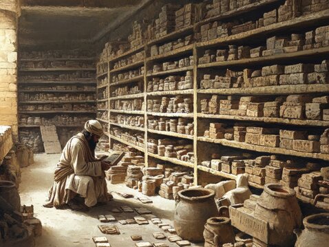 Hammurabi palace records vault with clay tablets and seals