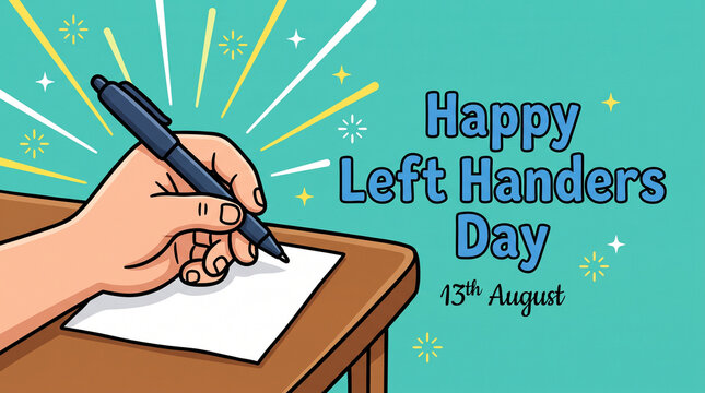 Cartoon illustration of a left hand writing on paper for Happy Left Handers Day on August 13th with bright teal background