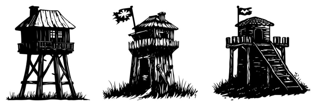Wooden watchtower silhouettes and lookout stations in rustic sketch style