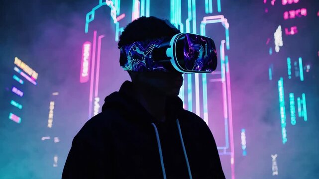 Man wearing virtual reality headset immersed in a futuristic neon digital world with glowing cyber patterns and smoke effects