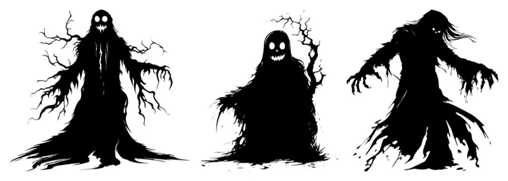 Halloween ghosts and spooky monster silhouettes with dark scary features
