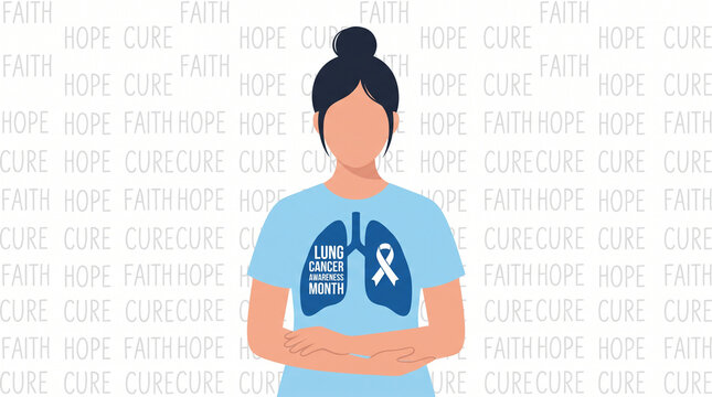 Illustration of woman wearing blue shirt with lung cancer awareness month design and white ribbon, surrounded by faith, hope, and cure text