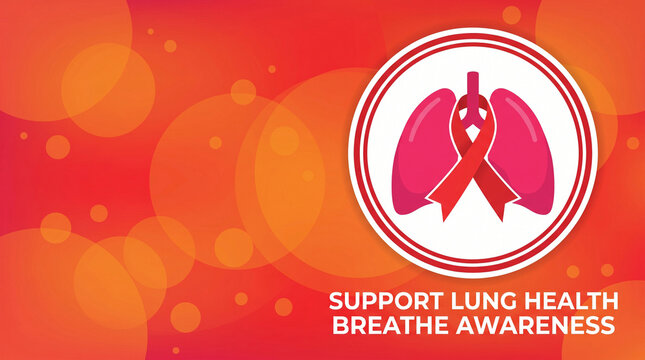 Lung Cancer Awareness Day illustration with red ribbon and lungs on an orange gradient background