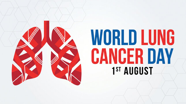 World Lung Cancer Day illustration with red lung graphic and text on a light gray background