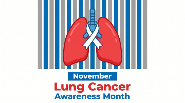 Lung Cancer Awareness Month illustration with red lungs and white ribbon against striped background