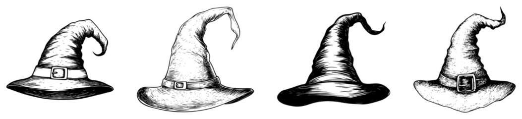 Witch hats for Halloween or magic themed designs in vintage engraving style © Aisha Kudorova